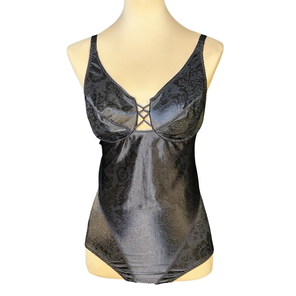 Vtg VANITY FAIR 57-005 Black Satin Floral Jacquard Bodysuit Body Shaper 36 D